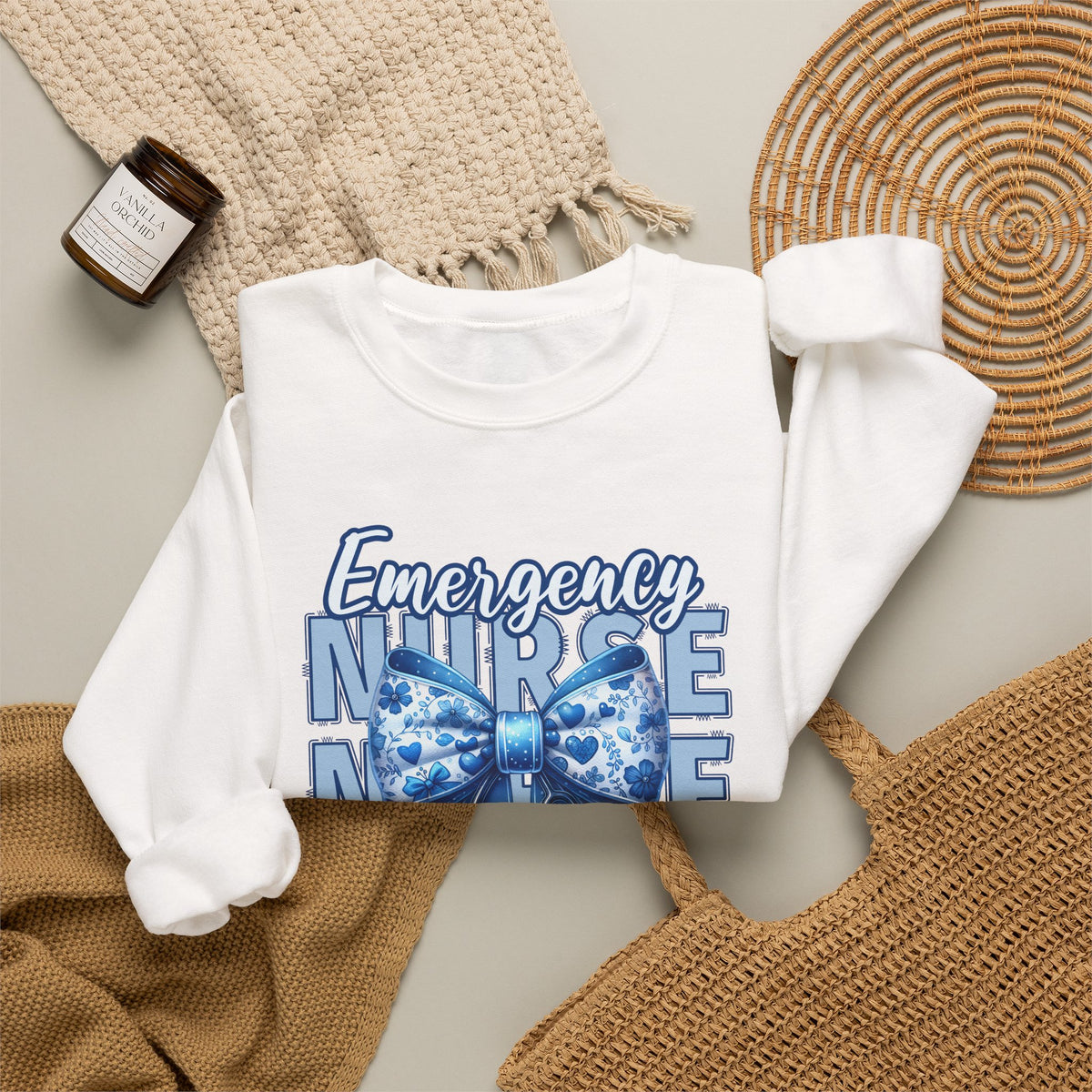 Emergency Nurse Sweatshirt, ER Nurse Blue Bow Shirt, Emergency Room Nurse Gift, RN Sweatshirt, Cute Nurse Apparel, Nursing Gift