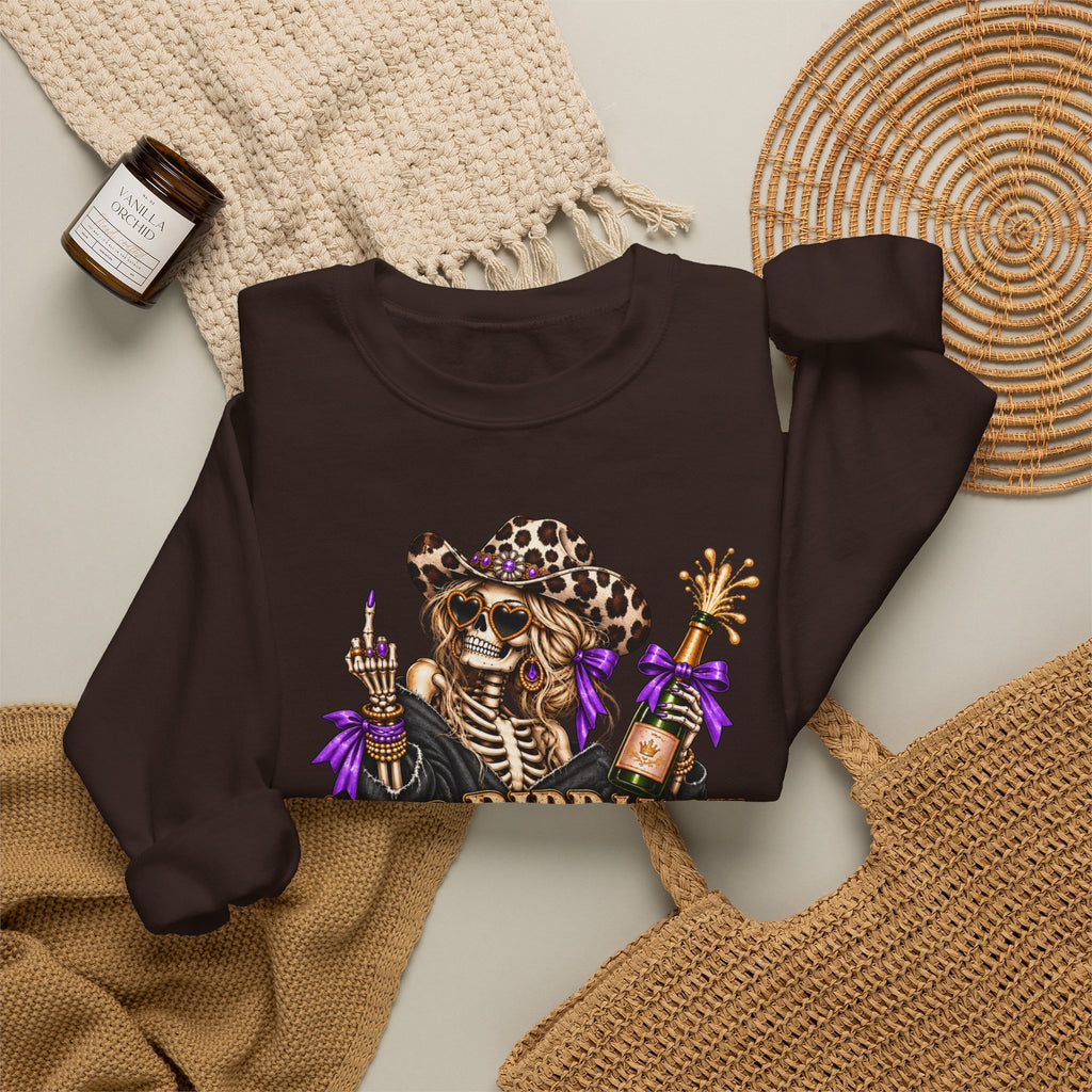 Good Riddance 2026 Sweatshirt, Funny New Years Eve Outfit, Sassy Skeleton Cowgirl Crewneck, Western Leopard Print Shirt, Sarcastic Gift