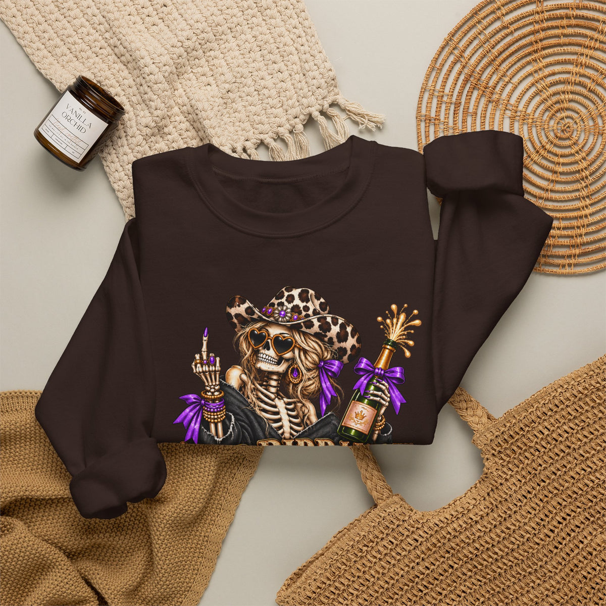 Good Riddance 2026 Sweatshirt, Funny New Years Eve Outfit, Sassy Skeleton Cowgirl Crewneck, Western Leopard Print Shirt, Sarcastic Gift
