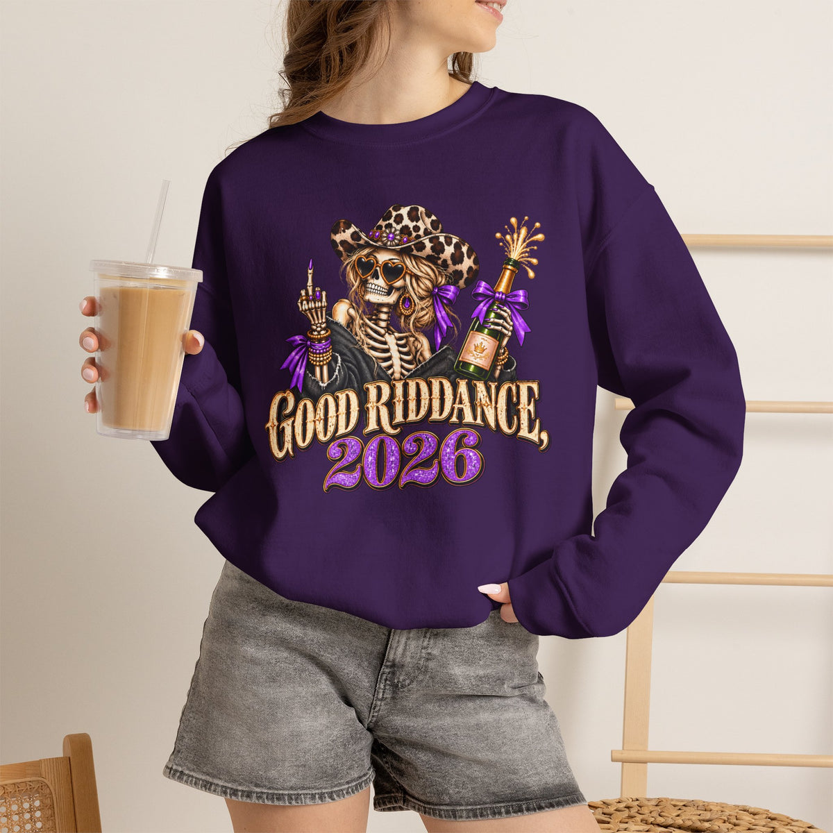 Good Riddance 2026 Sweatshirt, Funny New Years Eve Outfit, Sassy Skeleton Cowgirl Crewneck, Western Leopard Print Shirt, Sarcastic Gift