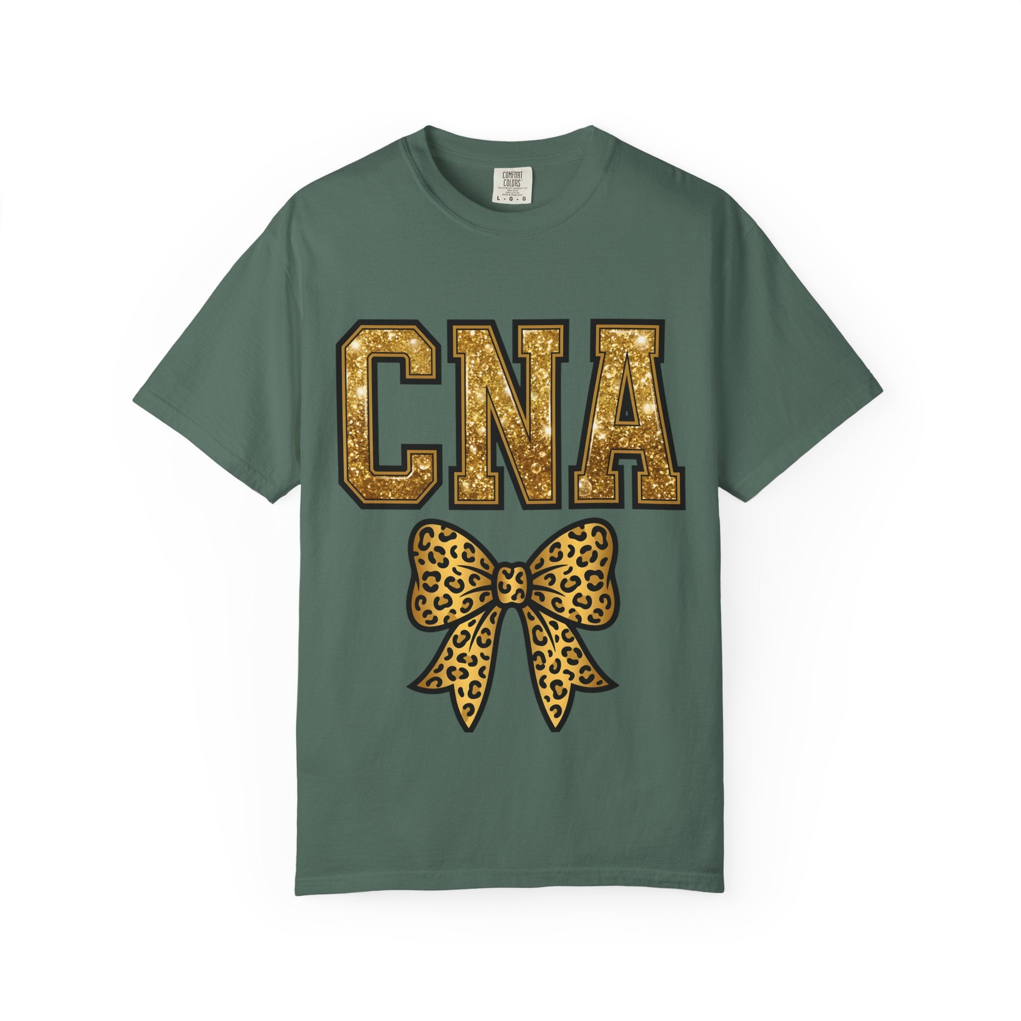 CNA Leopard Bow T Shirt Sparkle Gold Nurse Aide Tee