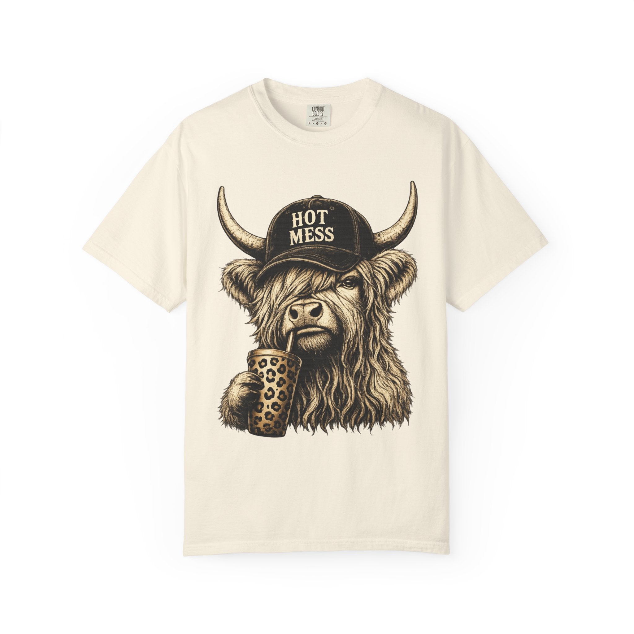 Hot Mess Highland Cow T Shirt Funny Cow with Coffee Graphic