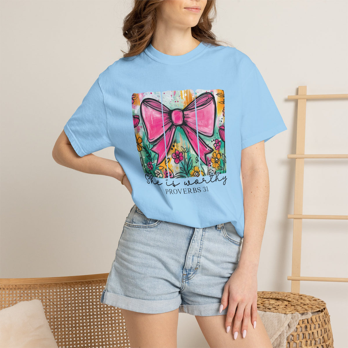 Pink Bow Floral Illustration Tee Shirt | She is Worthy Proverbs 31 Christian Tee