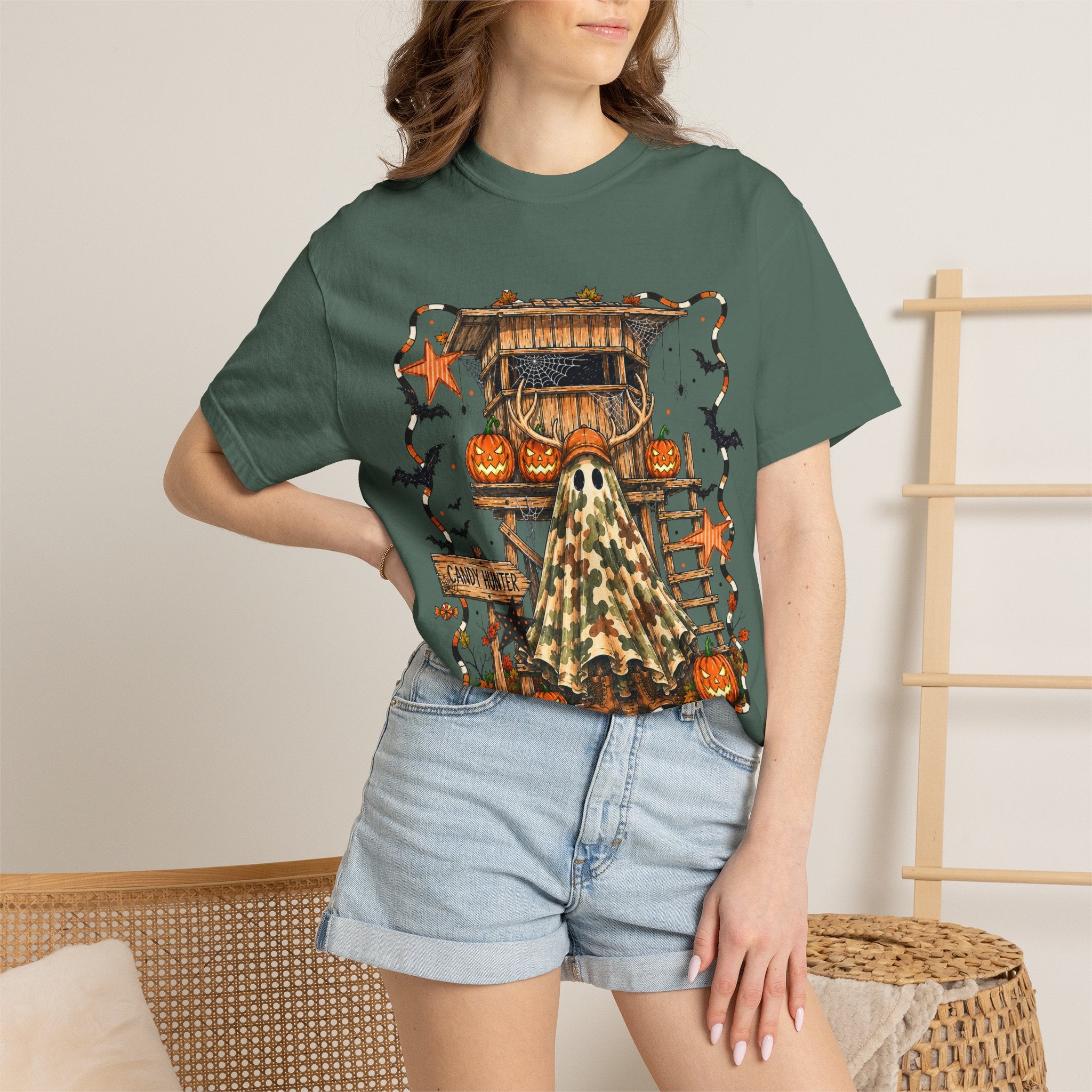 Halloween Ghost Treehouse T-Shirt Front and Back 31 October Camo Pumpkin Tee