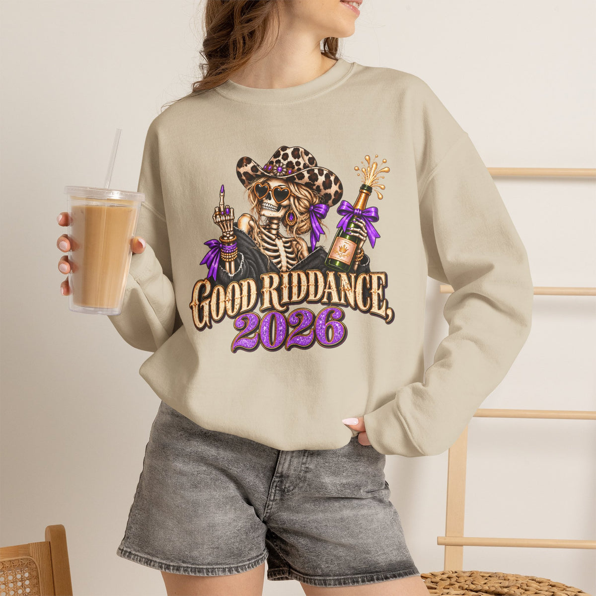 Good Riddance 2026 Sweatshirt, Funny New Years Eve Outfit, Sassy Skeleton Cowgirl Crewneck, Western Leopard Print Shirt, Sarcastic Gift