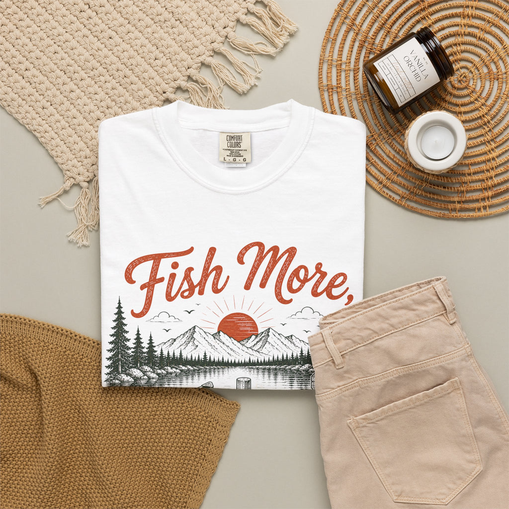 Fish More Scroll Less T Shirt Vintage Fishing Cabin Graphic Tee