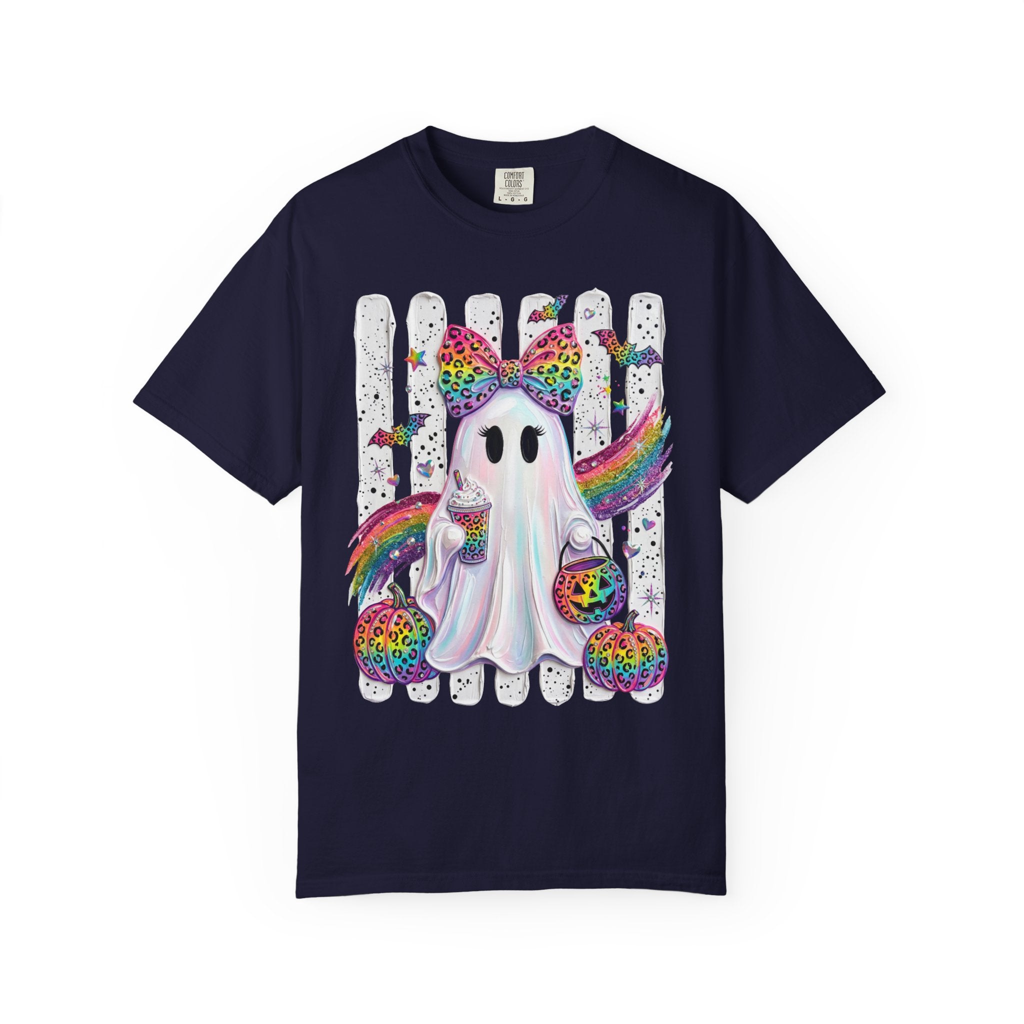 Halloween Rainbow Ghost T Shirt Cute Glittery Ghost with Rainbow Bow and Pumpkins