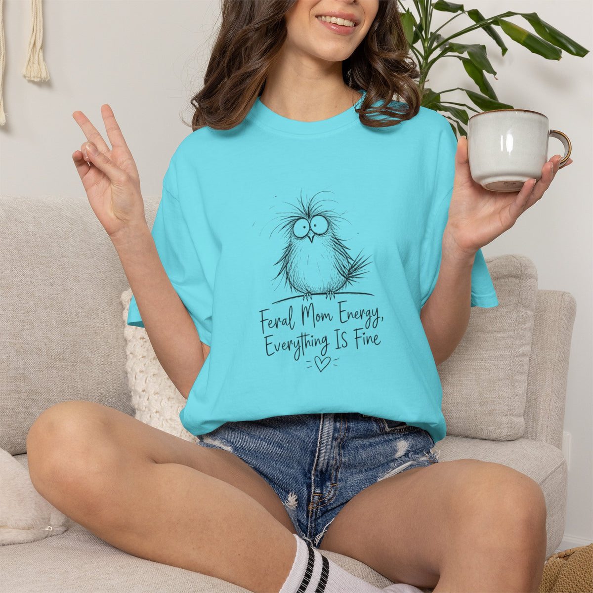 Feral Mom Energy Tee Shirt Cute Fluffy Bird Graphic Tee