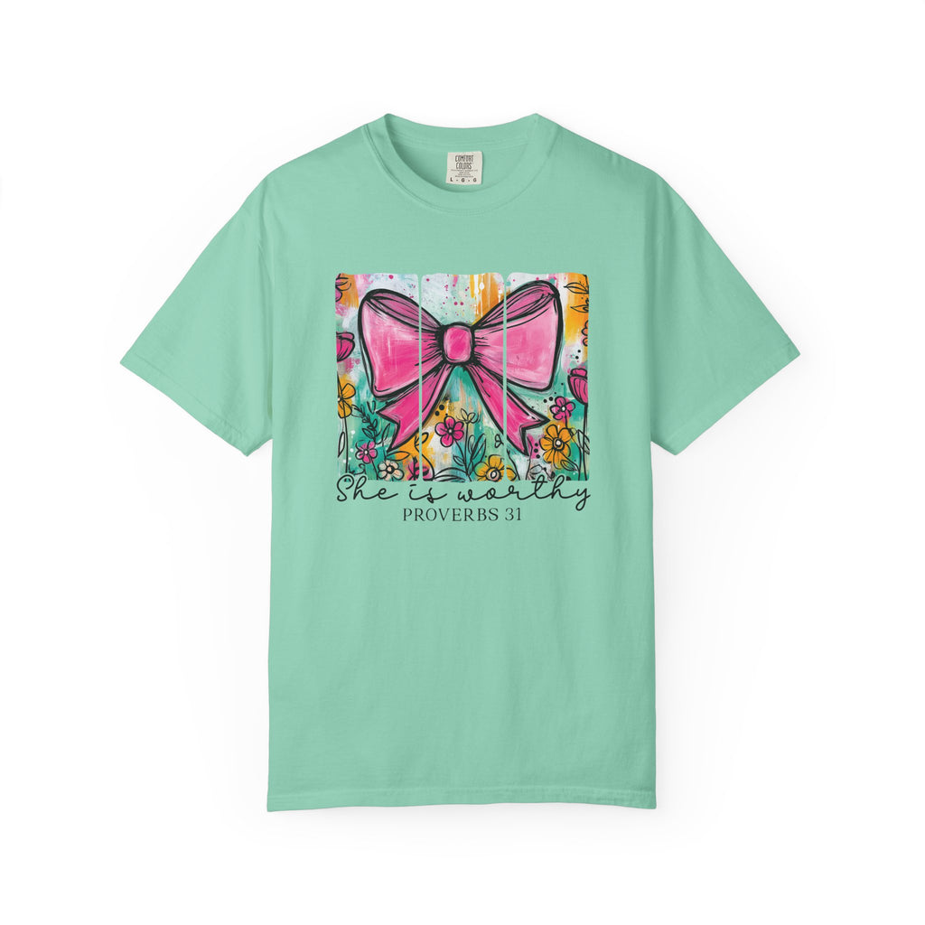 Pink Bow Floral Illustration Tee Shirt | She is Worthy Proverbs 31 Christian Tee