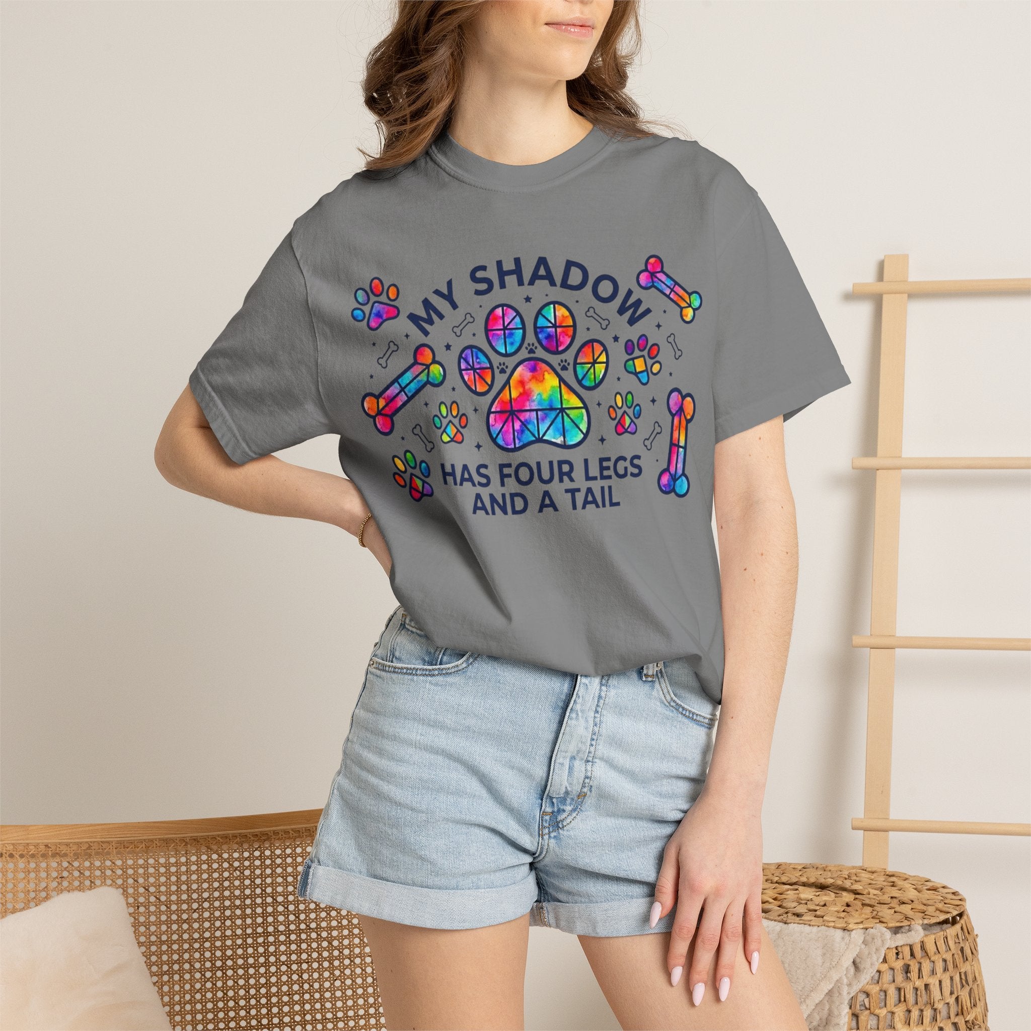 My Shadow Has Four Legs And A Tail T-Shirt Colorful Paw Print Dog Lover Tee