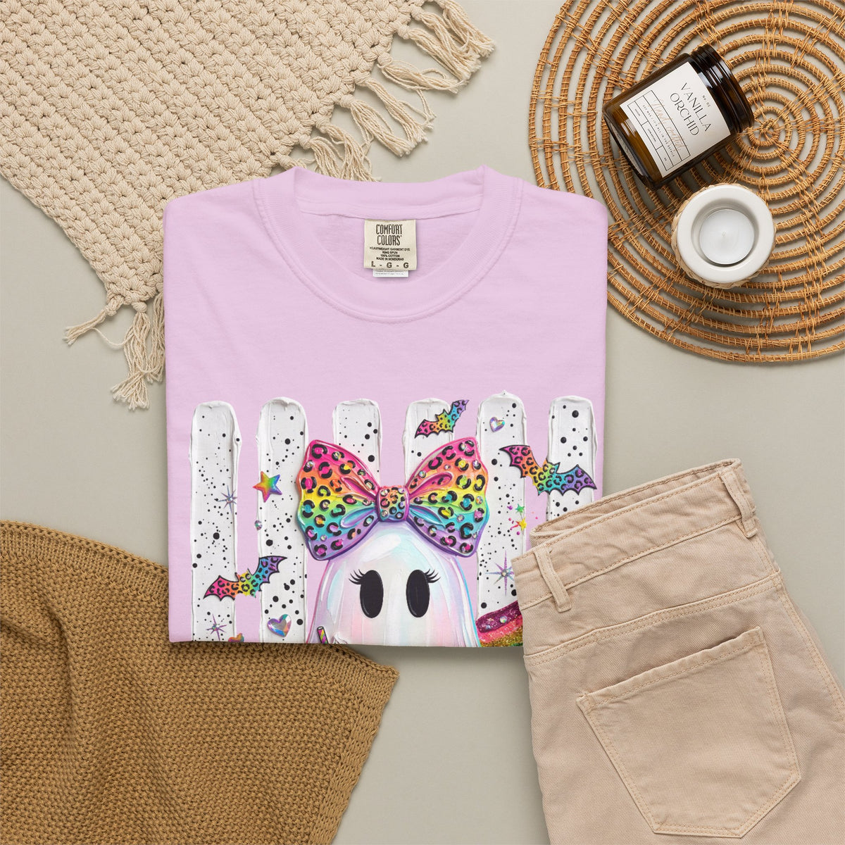 Halloween Rainbow Ghost T Shirt Cute Glittery Ghost with Rainbow Bow and Pumpkins