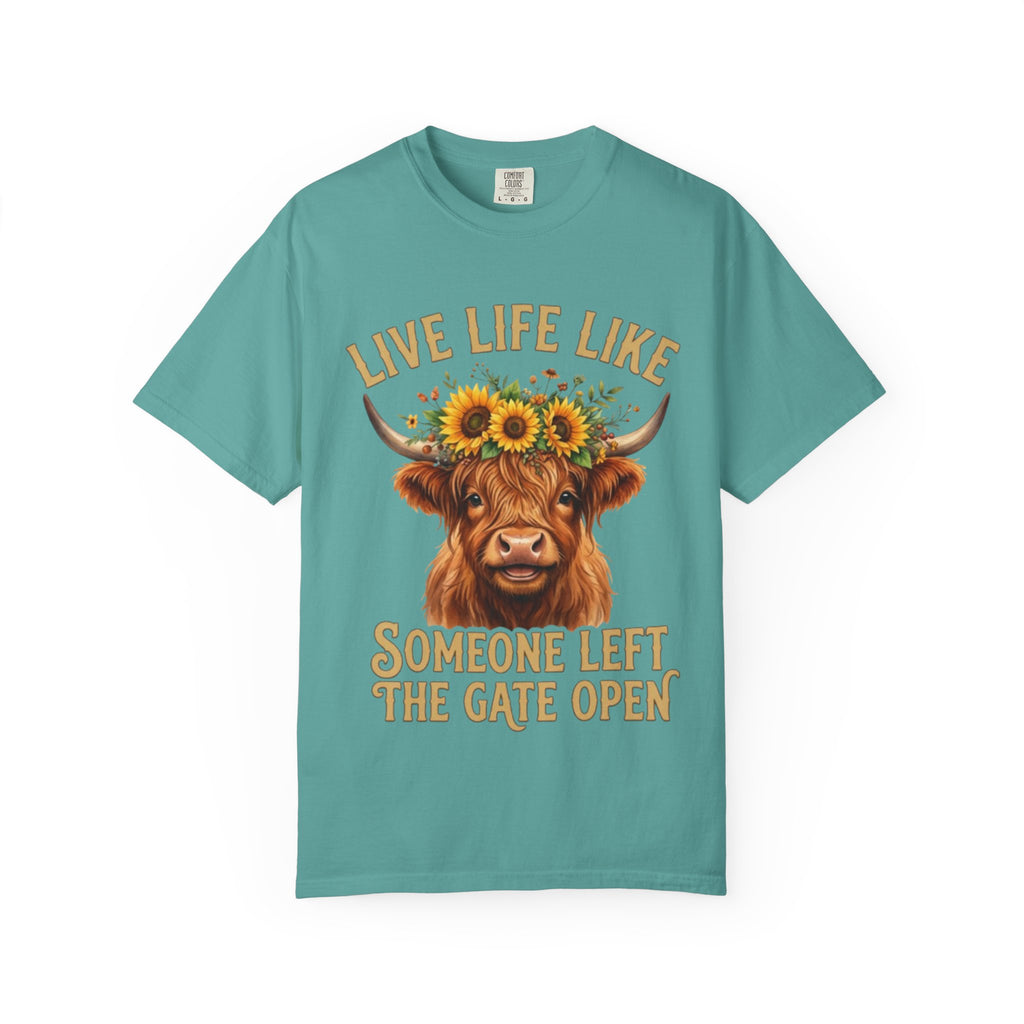 Live Life Like Someone Left the Gate Open Cow TShirt Sunflower Highland Cattle Tee