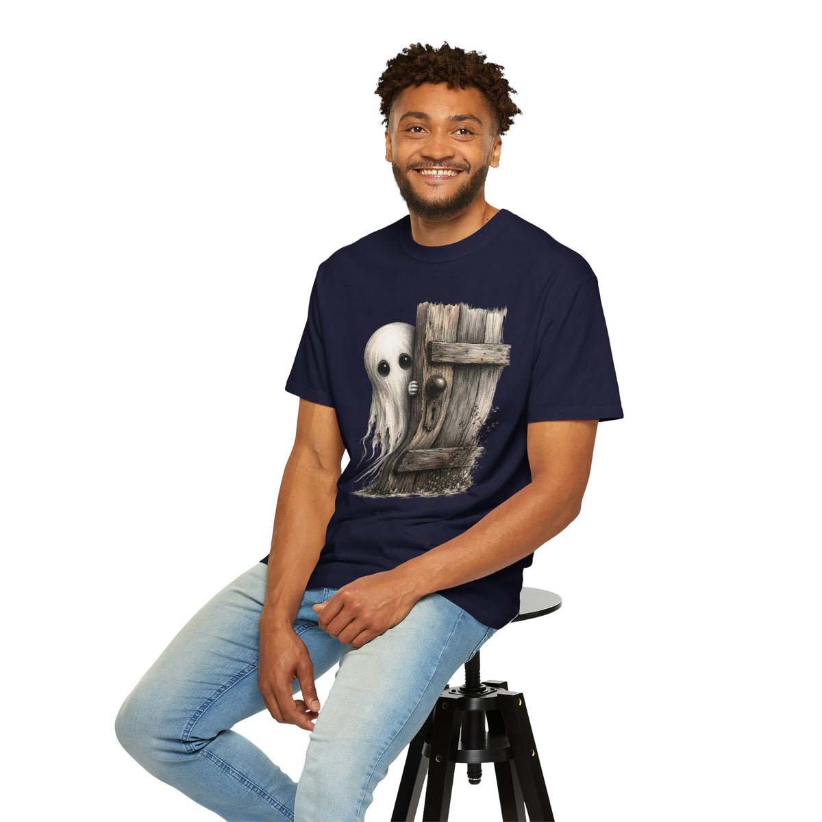 Ghost Peeking Behind Door Tee Shirt Cute Spooky Halloween Tee