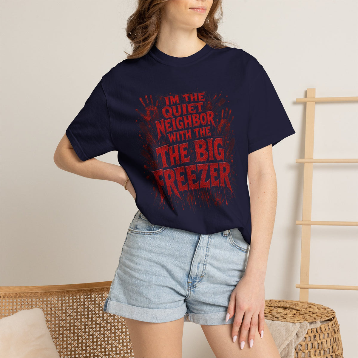 Graphic Tee Shirt Im the Quiet Neighbor with the Big Freezer Horror Handprint Tee