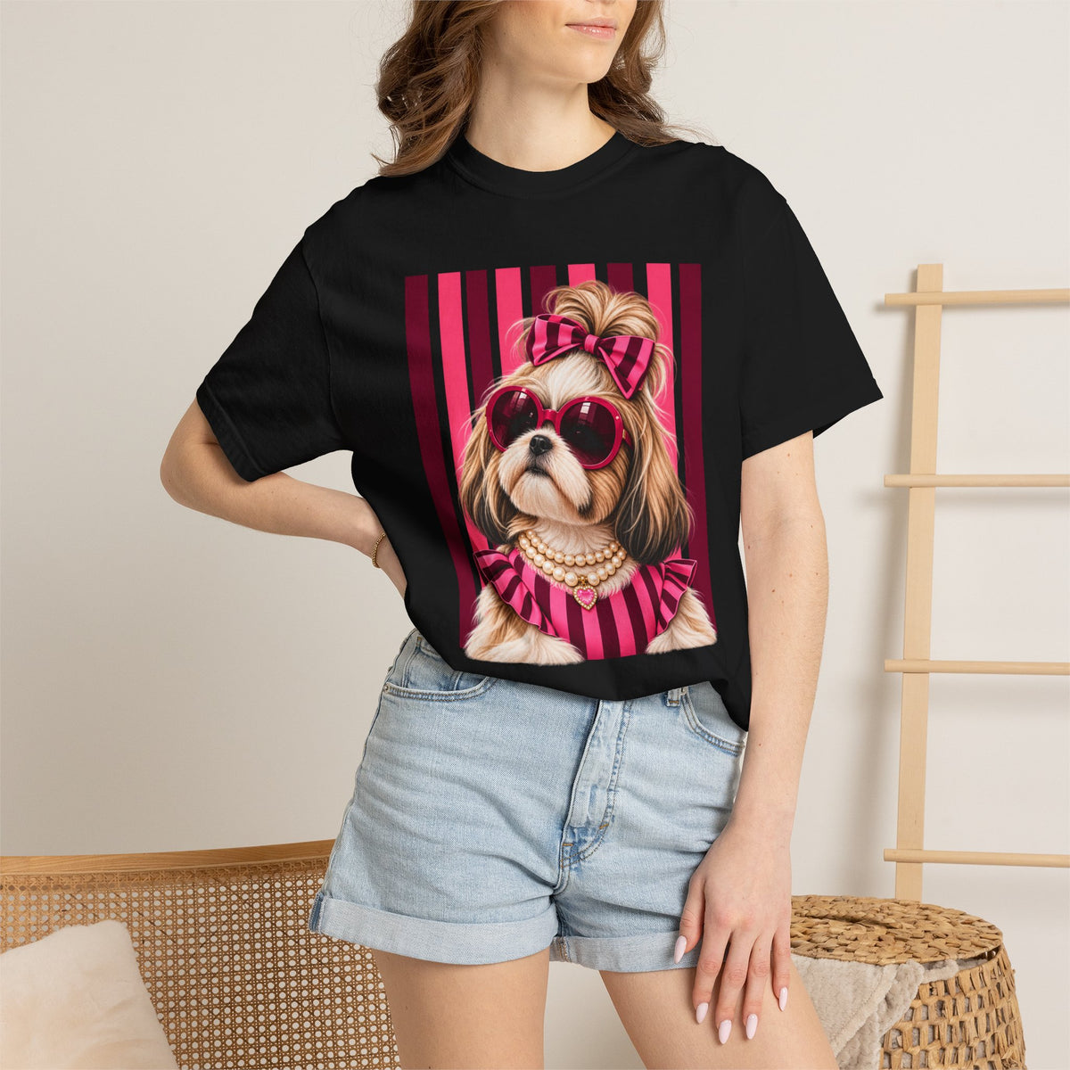 Preppy Shih Tzu Shirt, Cute Dog Mom Graphic Tee, Pink Coquette Dog Shirt, Sassy Dog Lover Gift, Comfort Colors T-Shirt
