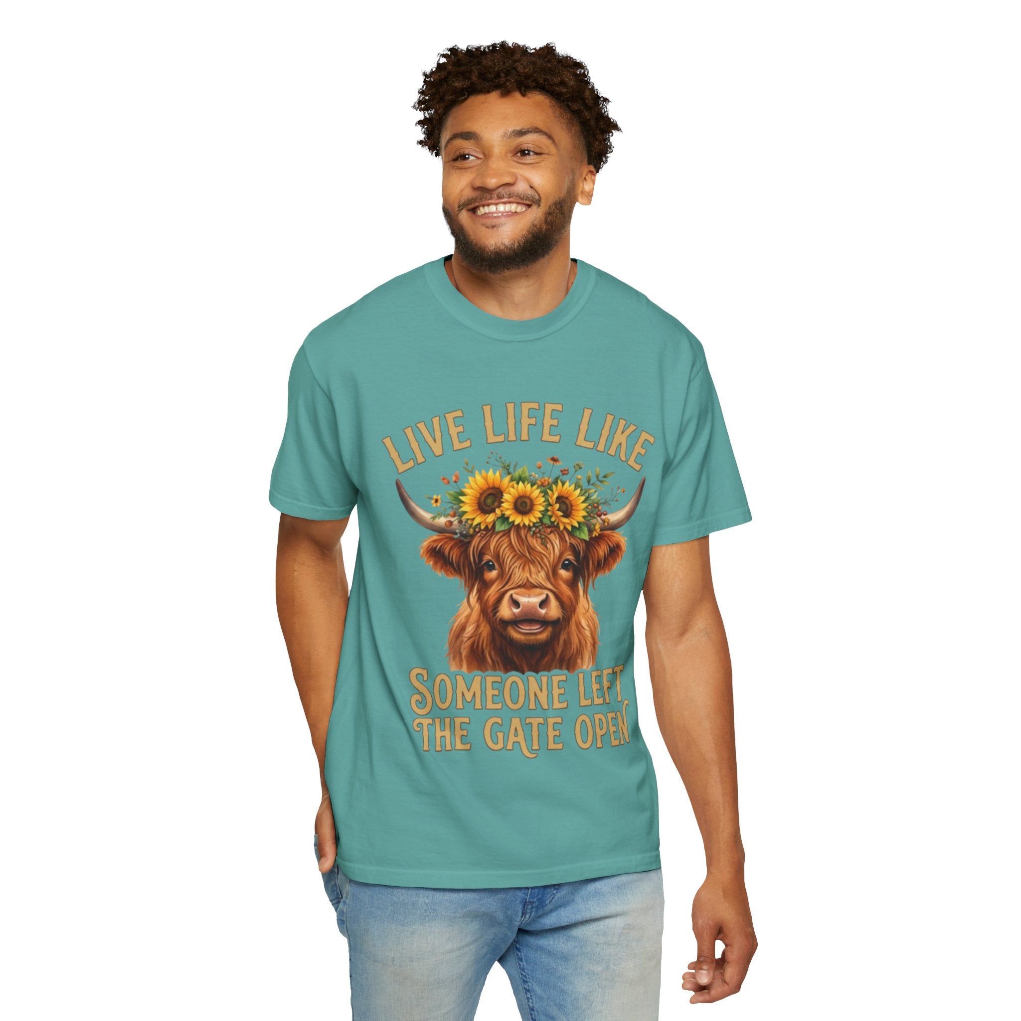 Live Life Like Someone Left the Gate Open Cow TShirt Sunflower Highland Cattle Tee