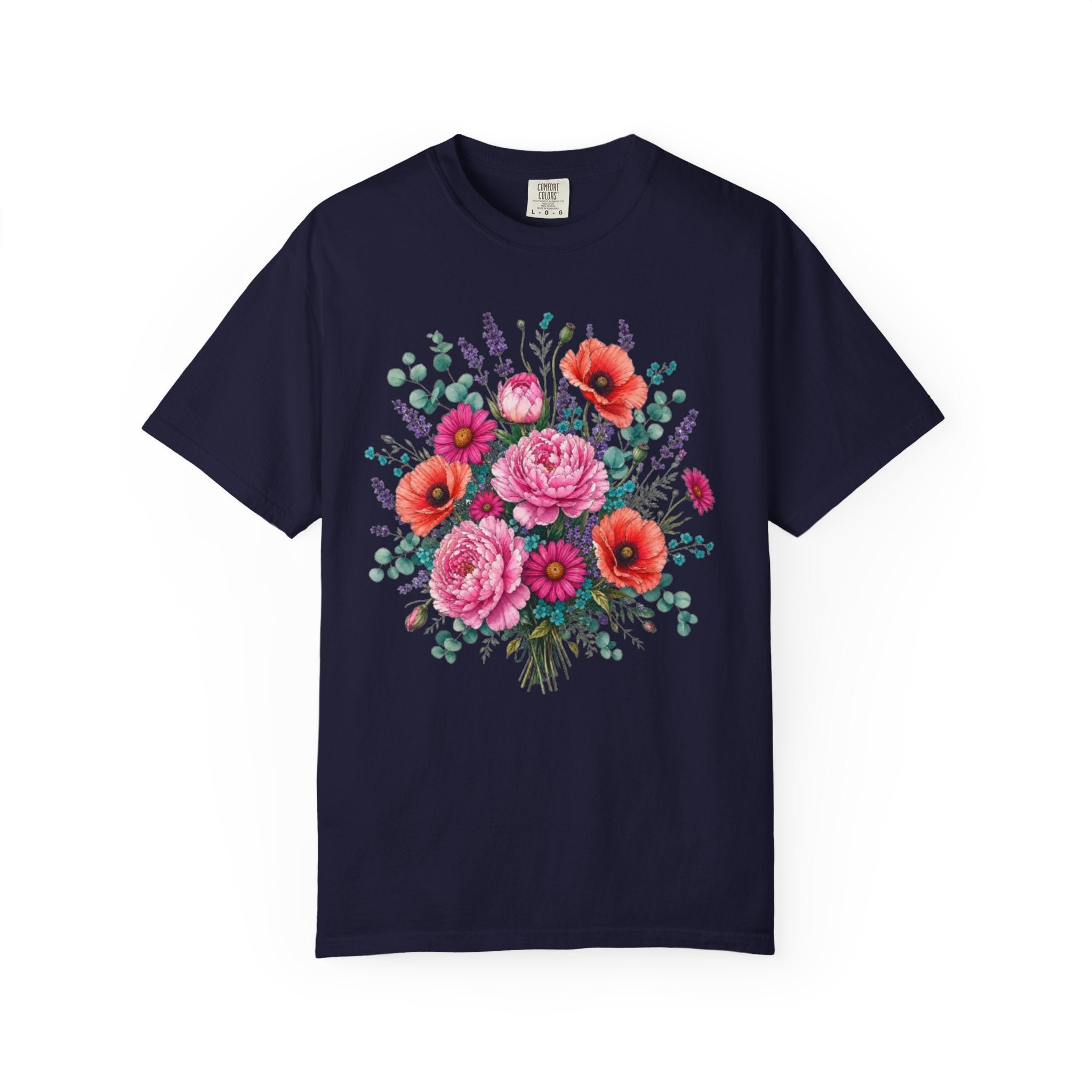 Floral Bouquet T Shirt  Pink Peony and Poppy Garden Tee