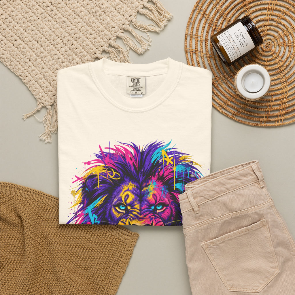 Colorful Roaring Lion T Shirt Vibrant Neon Animal Graphic Tee