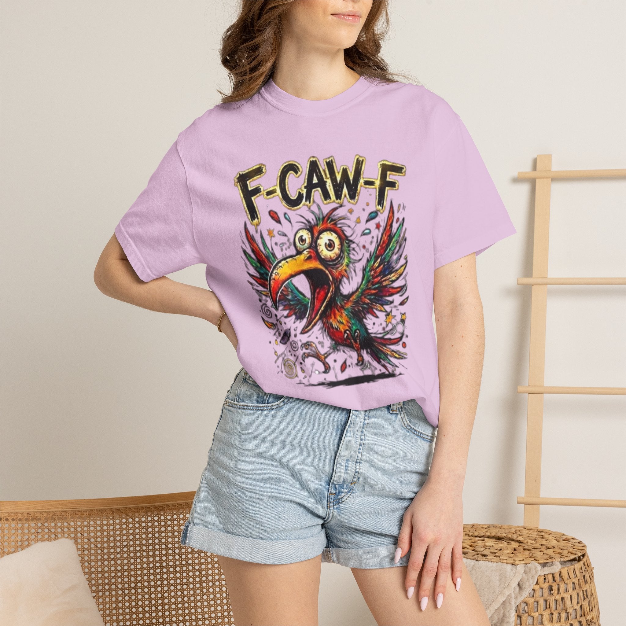 F-CAW-F Cartoon Parrot T-Shirt Colorful Tropical Bird Graphic Tee