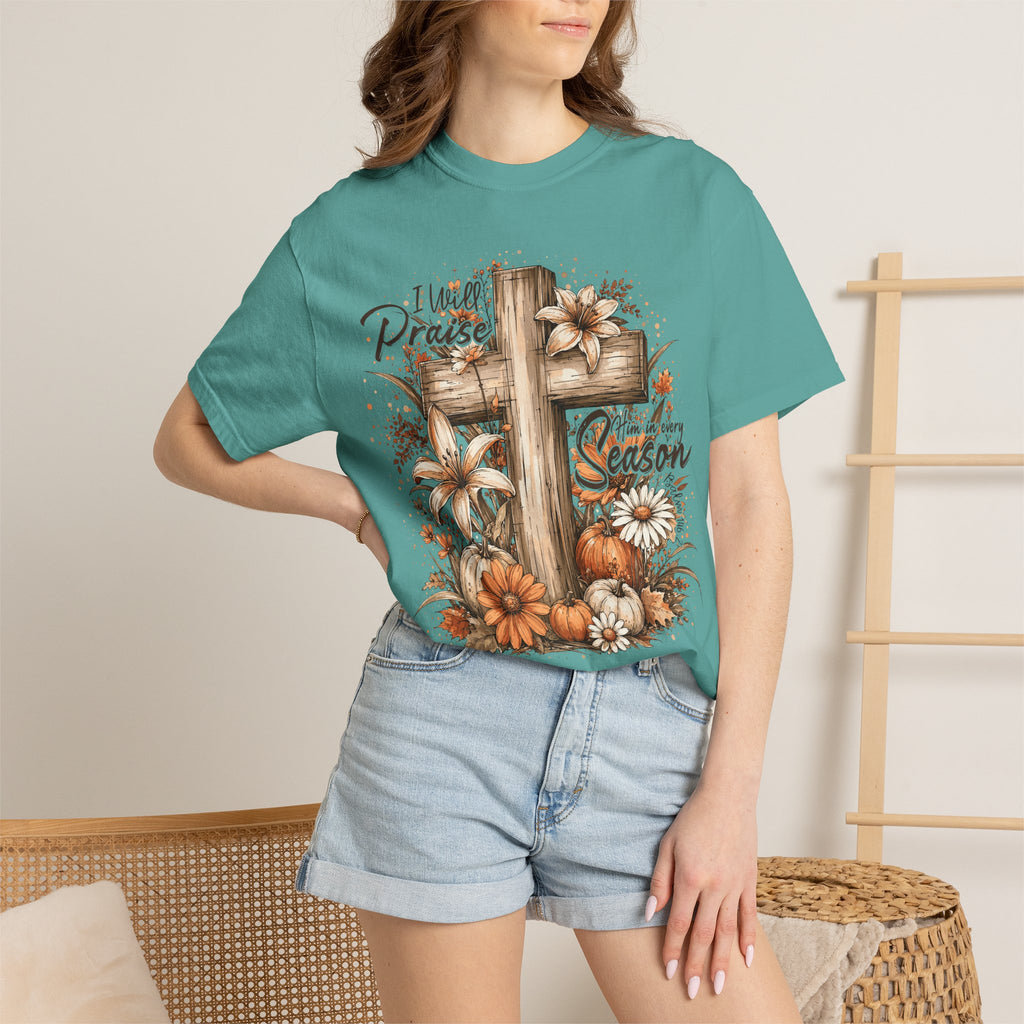 Tee Shirt I Will Praise Every Season Cross with Fall Pumpkins and Flowers