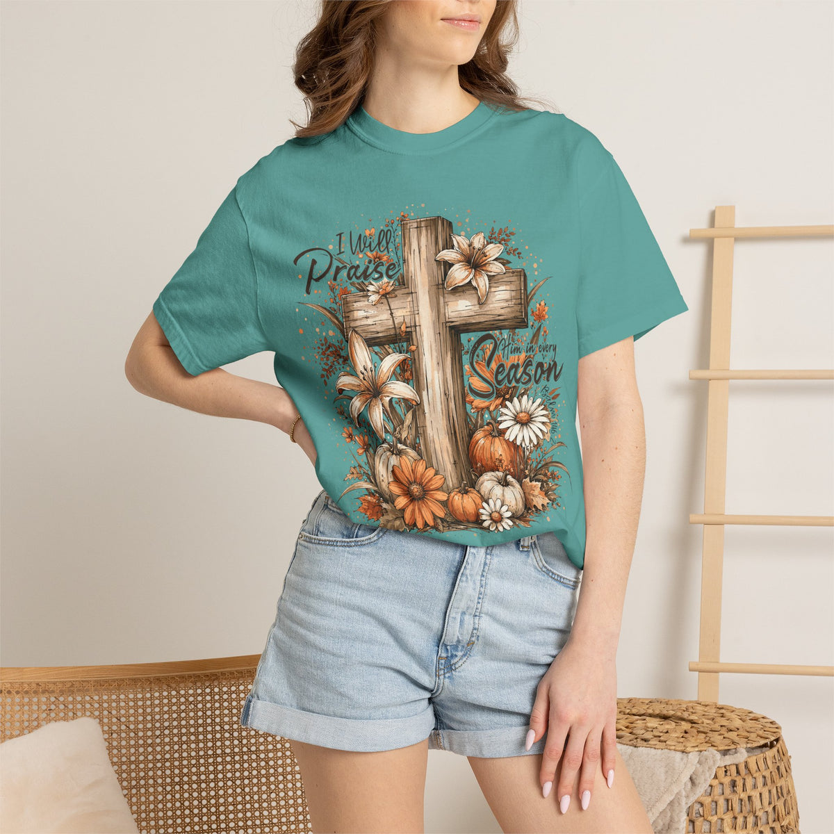 Tee Shirt I Will Praise Every Season Cross with Fall Pumpkins and Flowers