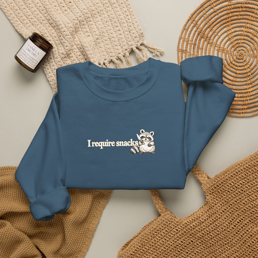 I Require Snacks Embroidered Sweatshirt, Funny Raccoon Sweatshirt, Minimalist Embroidery, Sarcastic Animal Lover Gift, Cozy Crewneck