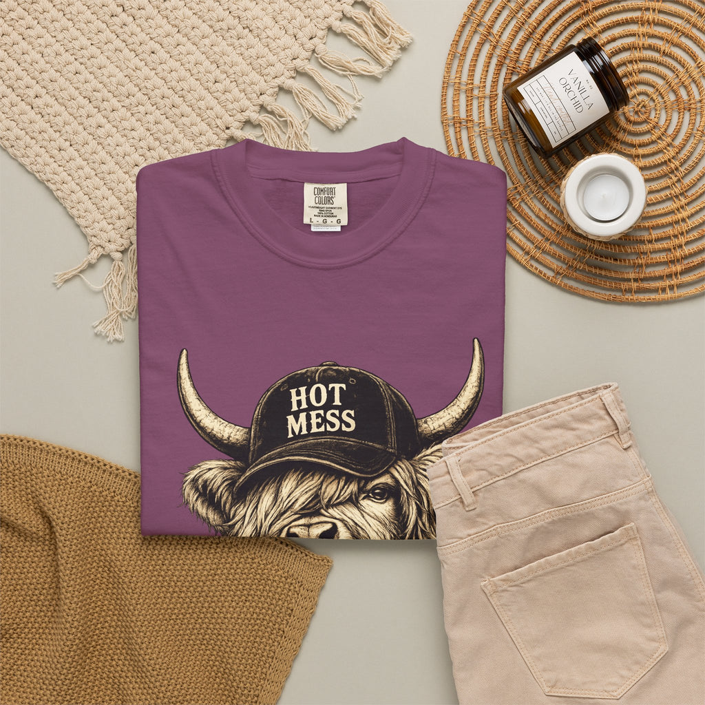 Hot Mess Highland Cow T Shirt Funny Cow with Coffee Graphic