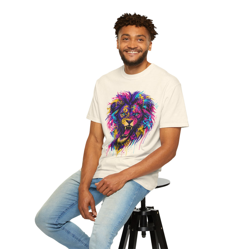 Colorful Roaring Lion T Shirt Vibrant Neon Animal Graphic Tee