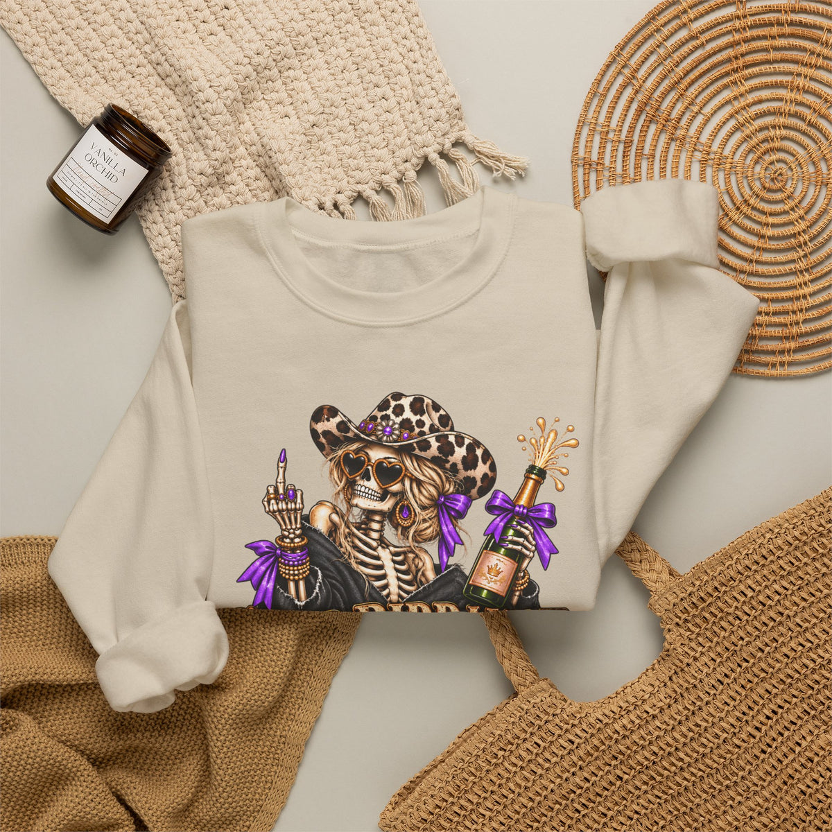 Good Riddance 2026 Sweatshirt, Funny New Years Eve Outfit, Sassy Skeleton Cowgirl Crewneck, Western Leopard Print Shirt, Sarcastic Gift