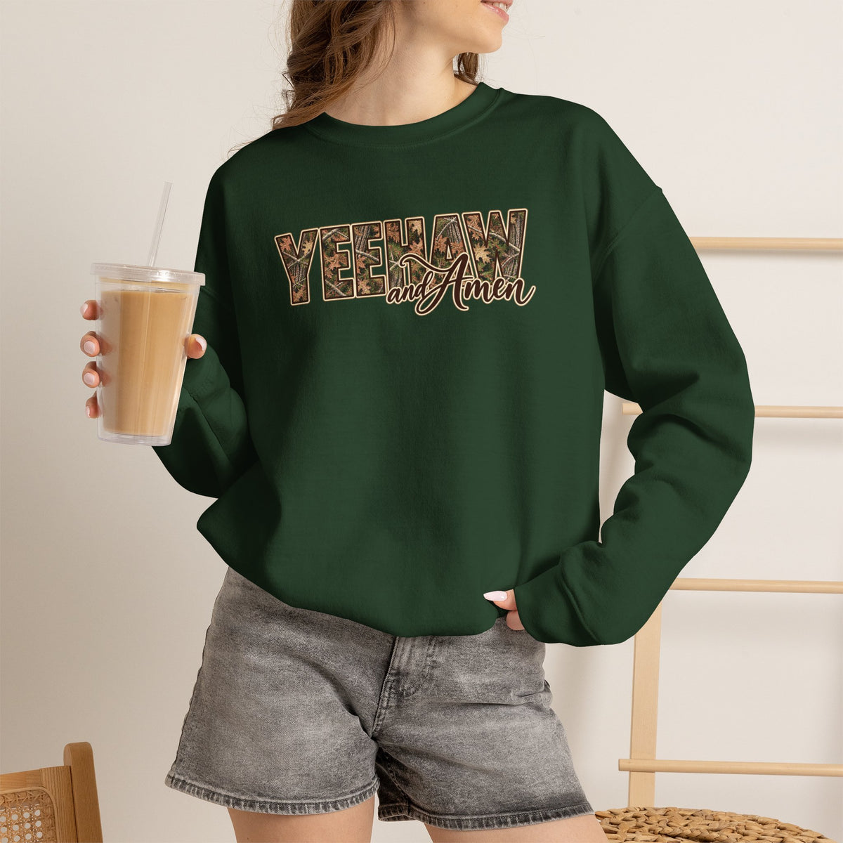 Yeehaw and Amen Camo Sweatshirt, Southern Christian Shirt, Western Cowgirl Sweatshirt, Country Faith Gift, Rustic Graphic Tee
