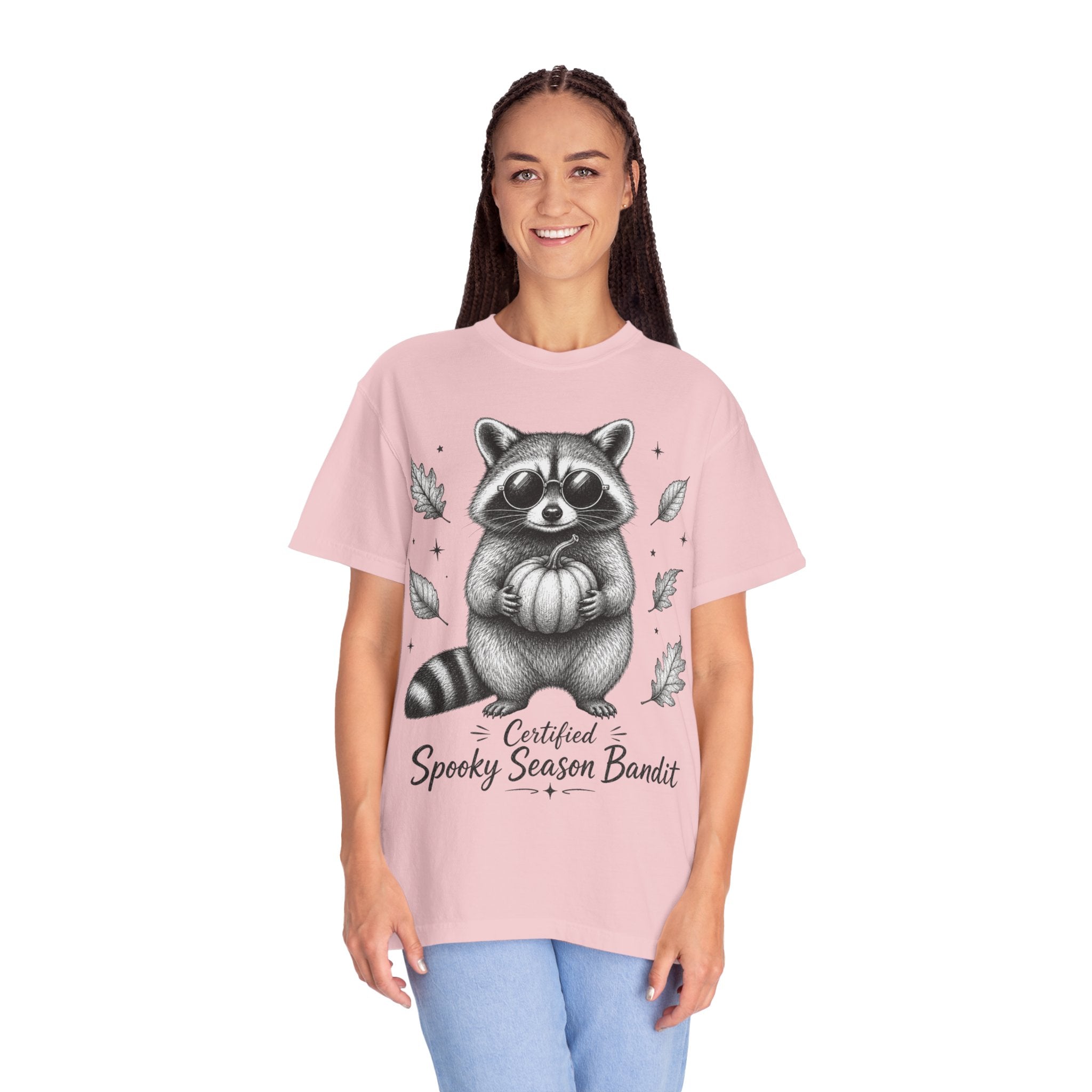 Spooky Season Bandit T Shirt Cute Raccoon Holding Pumpkin Fall Tee
