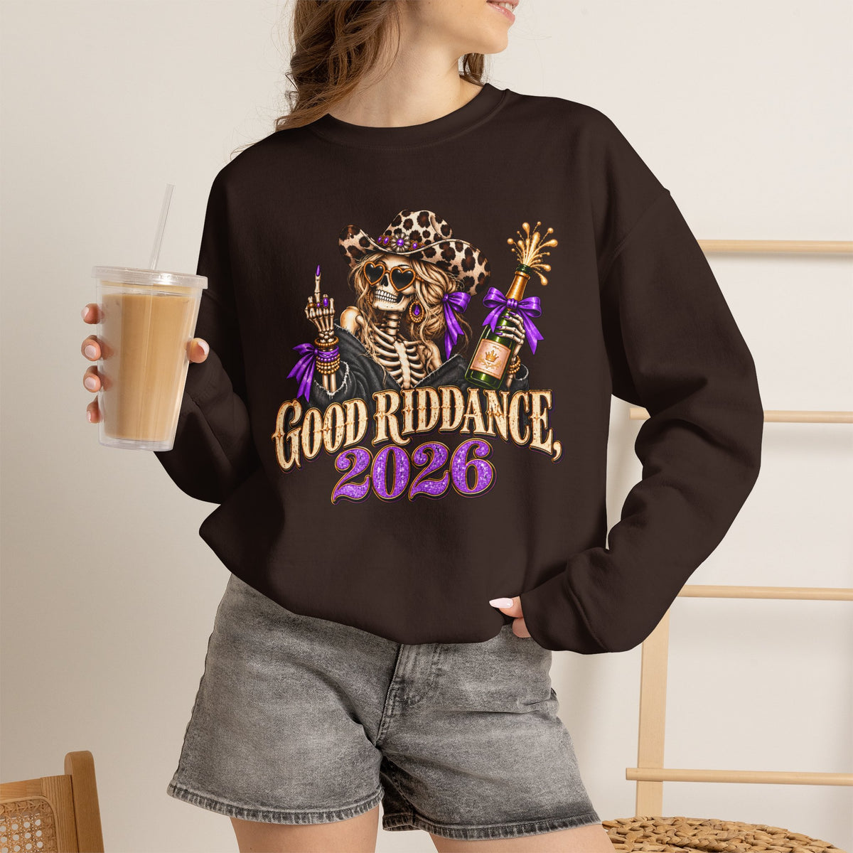 Good Riddance 2026 Sweatshirt, Funny New Years Eve Outfit, Sassy Skeleton Cowgirl Crewneck, Western Leopard Print Shirt, Sarcastic Gift