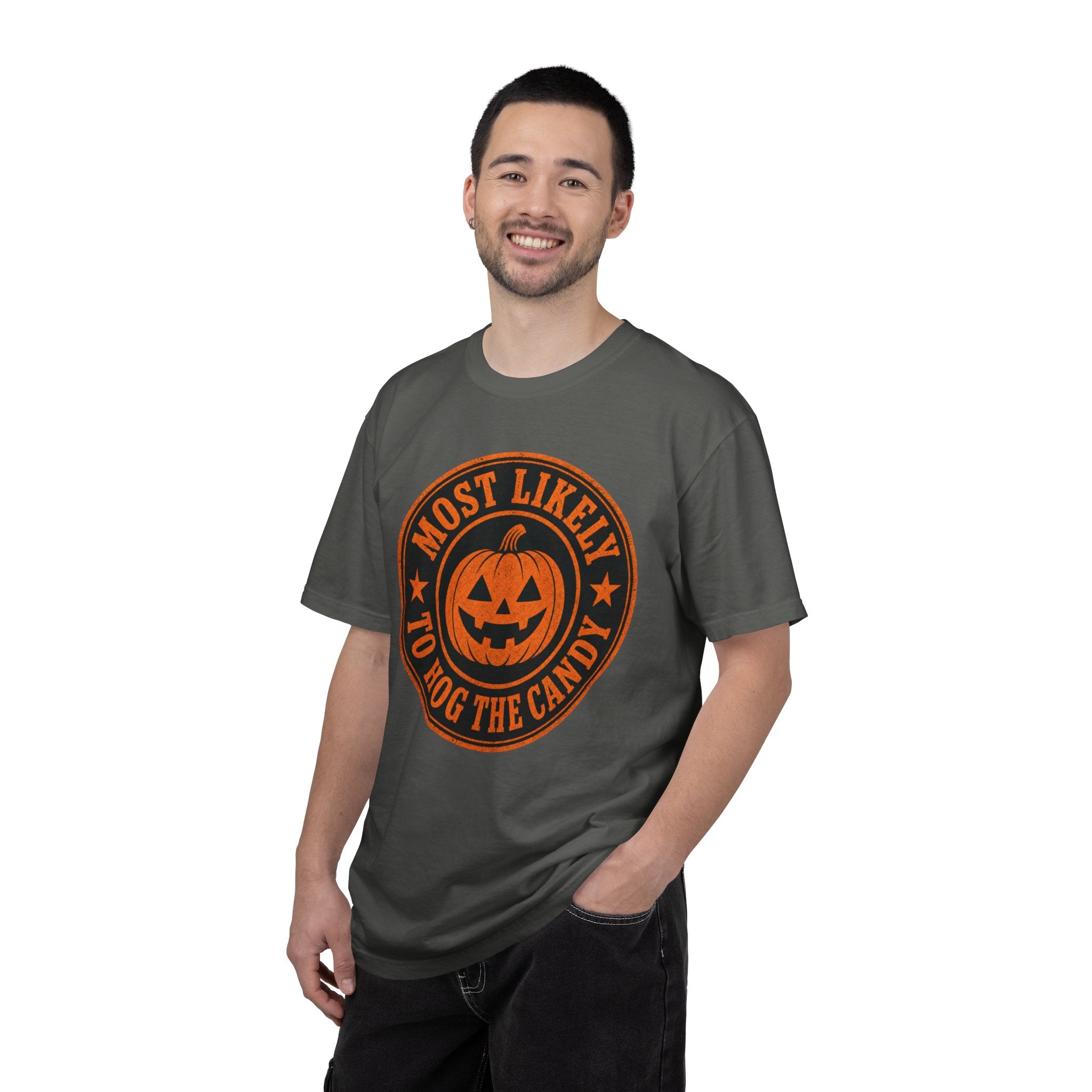 Most Likely to Hog the Candy Halloween T Shirt Jack-O Lantern Pumpkin Graphic Tee