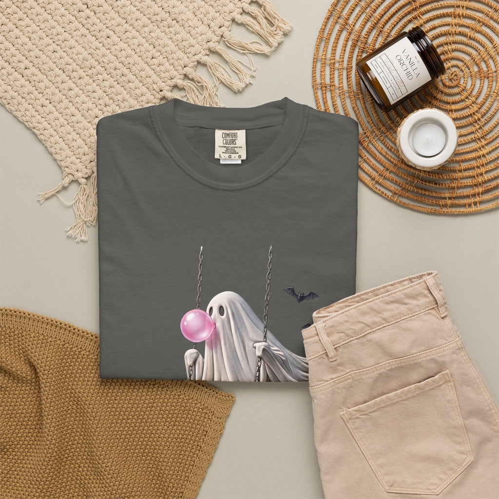 Ghost on Swing Tee Shirt | Cute Halloween Ghost Blowing Bubblegum, Bats