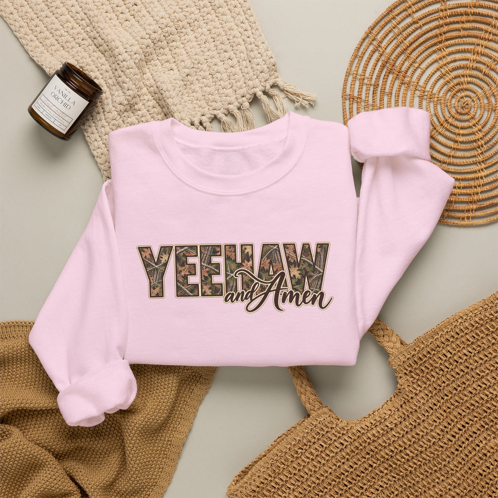 Yeehaw and Amen Camo Sweatshirt, Southern Christian Shirt, Western Cowgirl Sweatshirt, Country Faith Gift, Rustic Graphic Tee