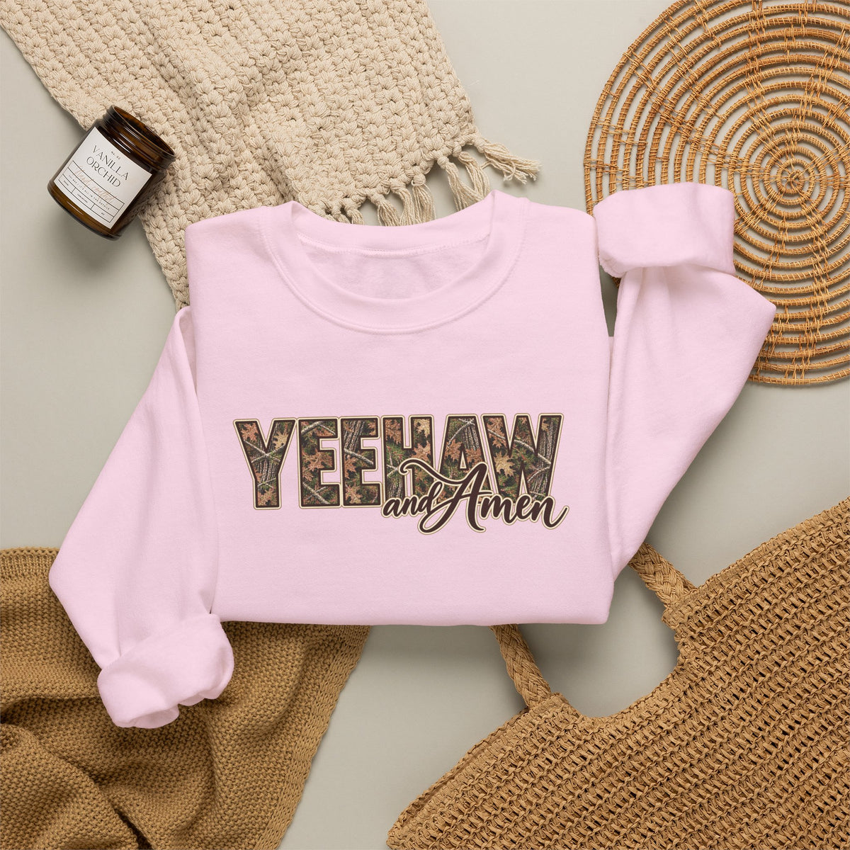 Yeehaw and Amen Camo Sweatshirt, Southern Christian Shirt, Western Cowgirl Sweatshirt, Country Faith Gift, Rustic Graphic Tee
