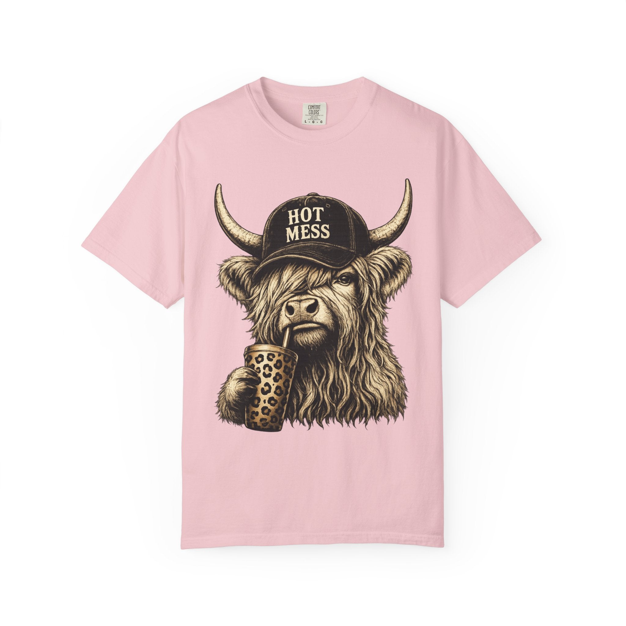 Hot Mess Highland Cow T Shirt Funny Cow with Coffee Graphic