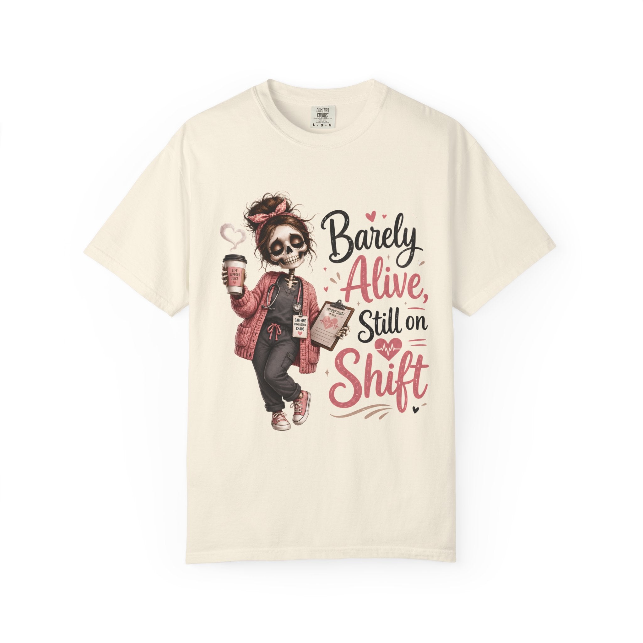 T Shirt Barely Alive Still on Shift Skeleton Barista Graphic Tee