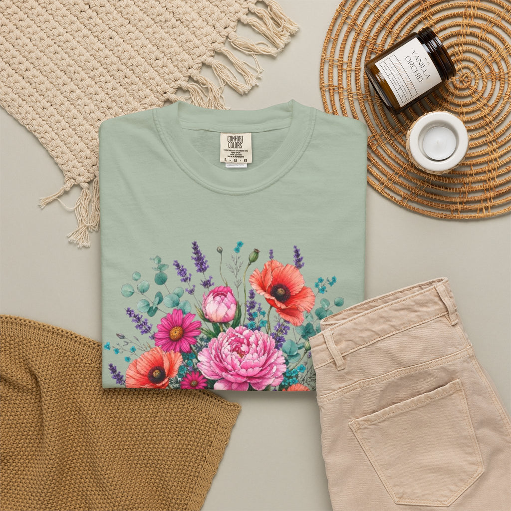 Floral Bouquet T Shirt  Pink Peony and Poppy Garden Tee