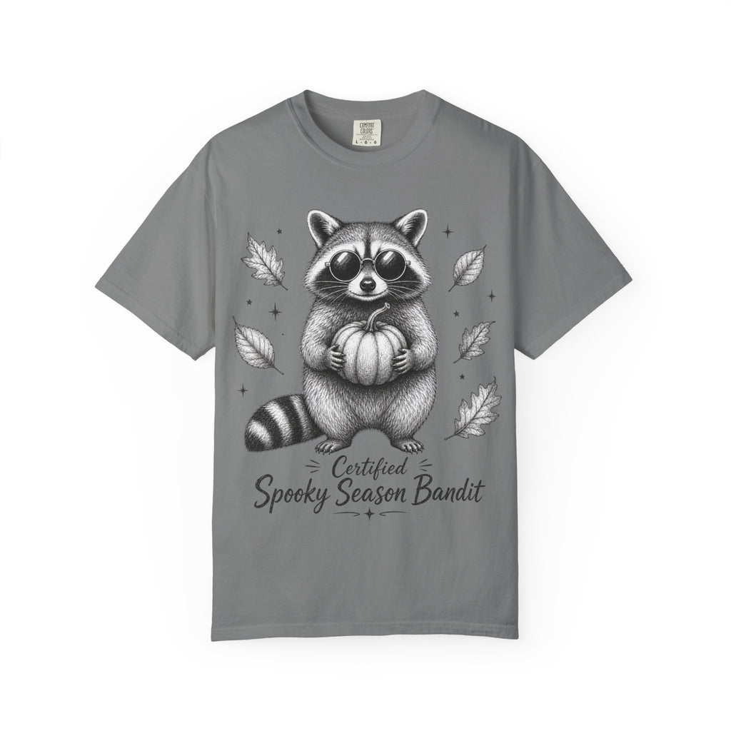 Spooky Season Bandit T Shirt Cute Raccoon Holding Pumpkin Fall Tee