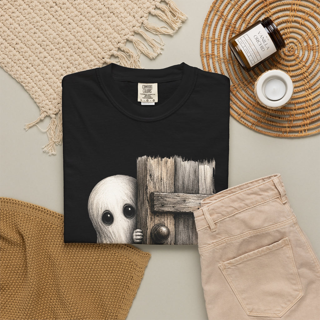 Ghost Peeking Behind Door Tee Shirt Cute Spooky Halloween Tee