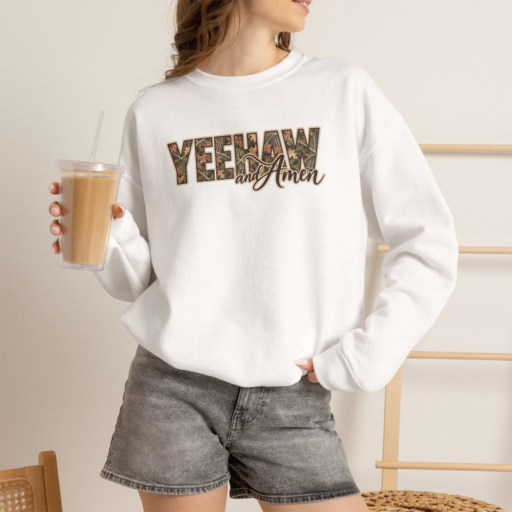 Yeehaw and Amen Camo Sweatshirt, Southern Christian Shirt, Western Cowgirl Sweatshirt, Country Faith Gift, Rustic Graphic Tee
