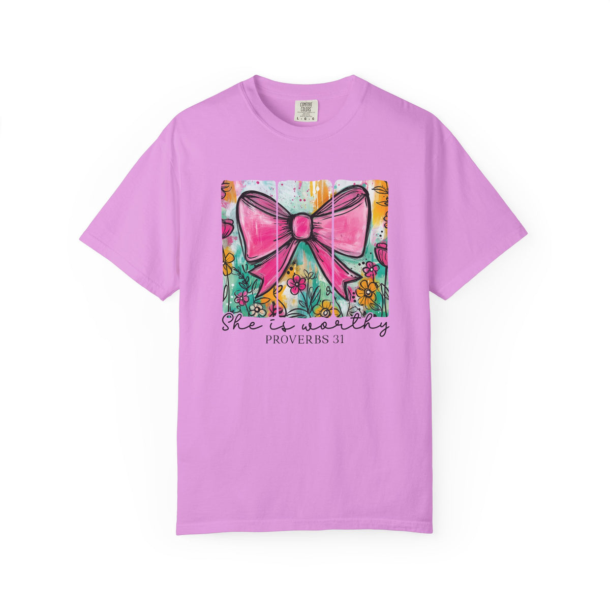 Pink Bow Floral Illustration Tee Shirt | She is Worthy Proverbs 31 Christian Tee