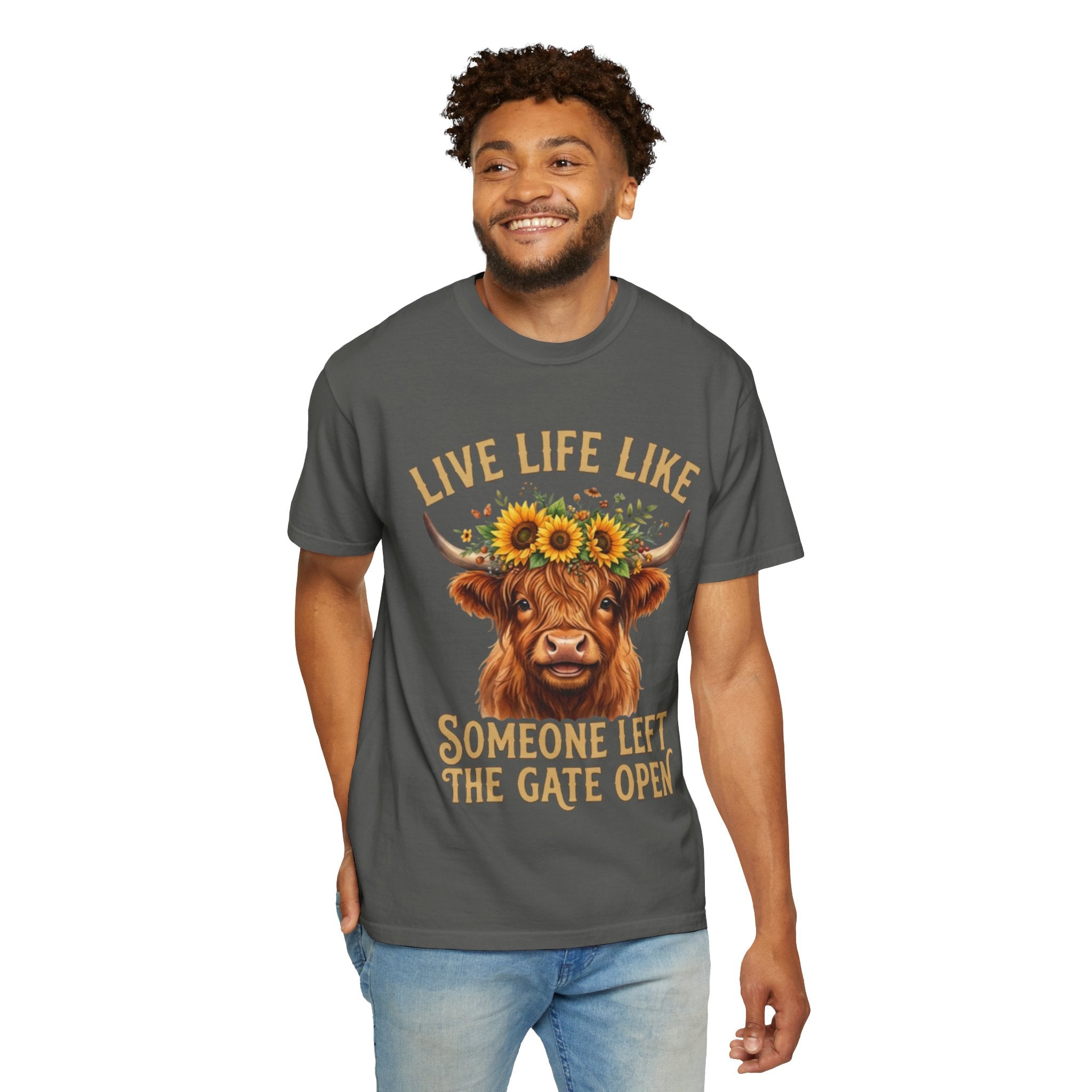 Live Life Like Someone Left the Gate Open Cow TShirt Sunflower Highland Cattle Tee