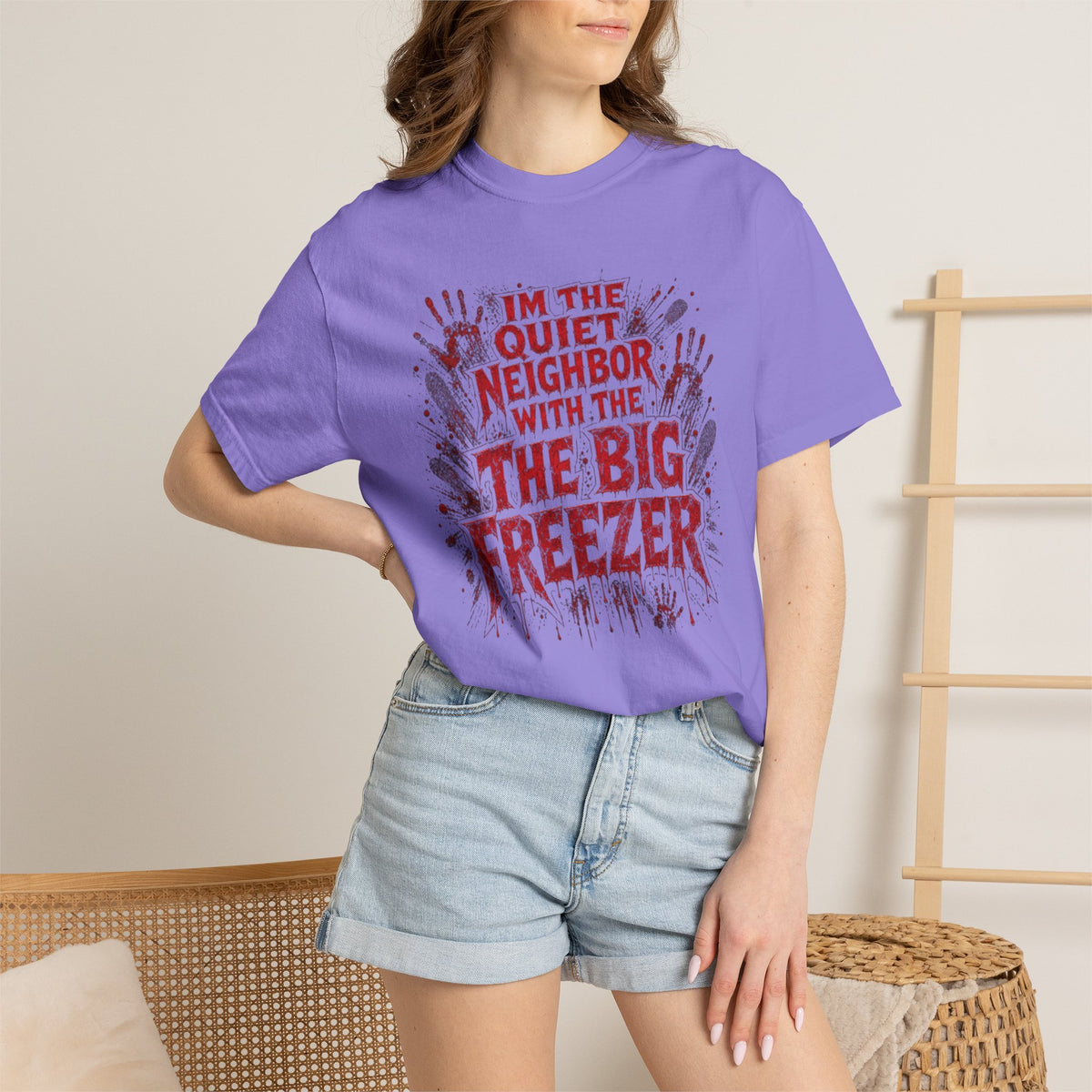 Graphic Tee Shirt Im the Quiet Neighbor with the Big Freezer Horror Handprint Tee