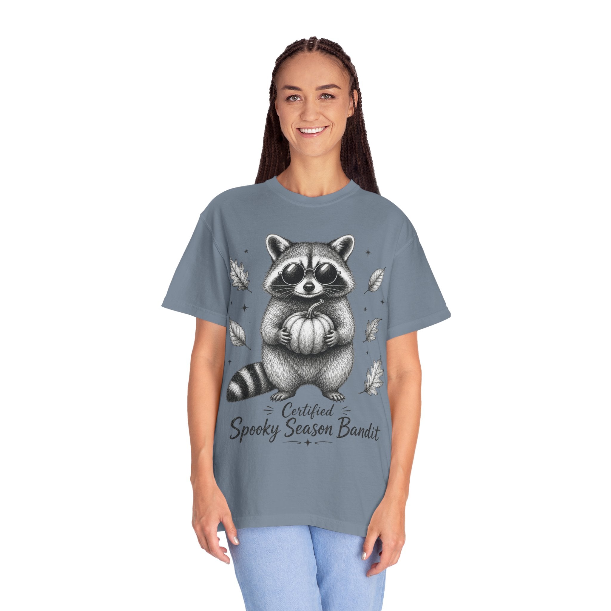 Spooky Season Bandit T Shirt Cute Raccoon Holding Pumpkin Fall Tee