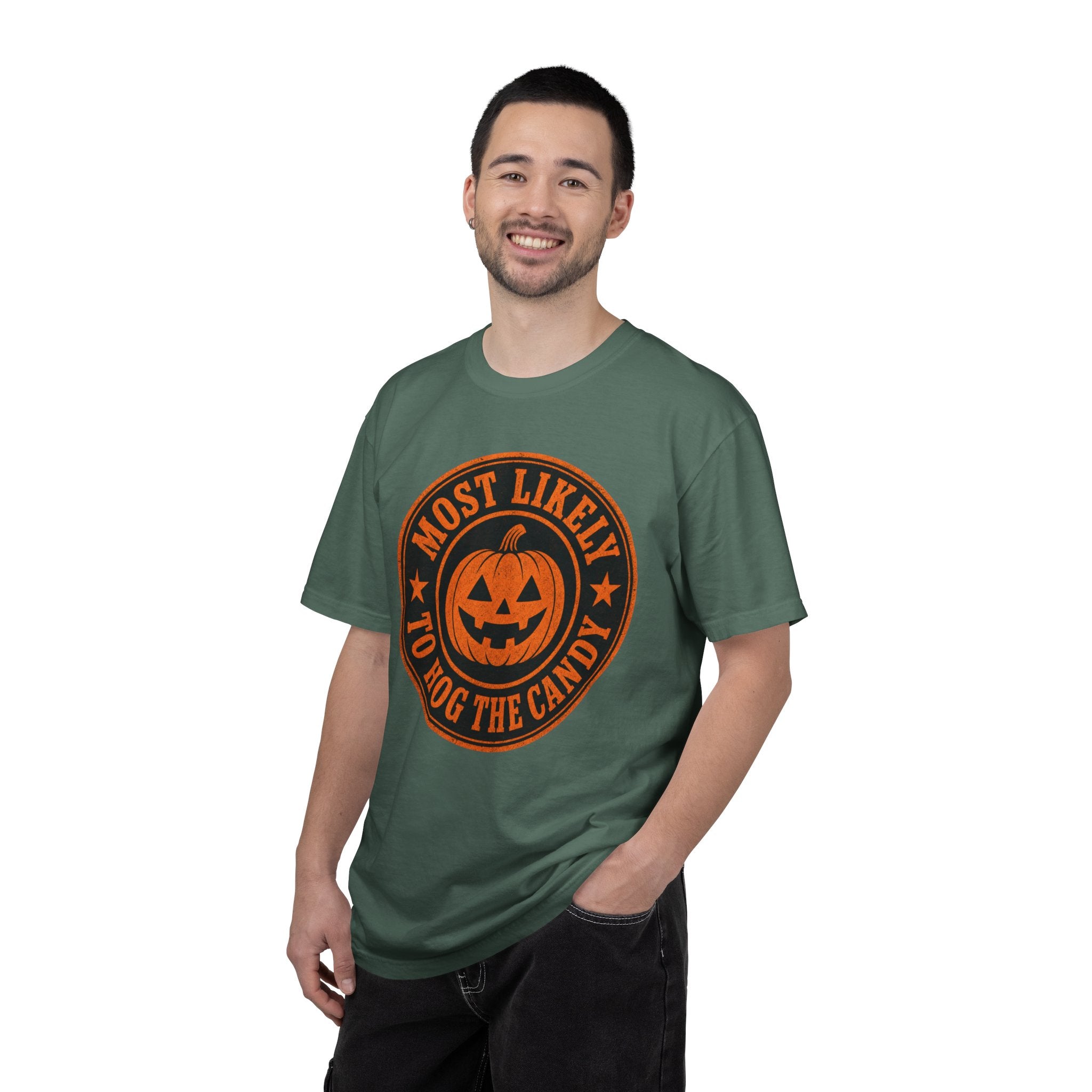 Most Likely to Hog the Candy Halloween T Shirt Jack-O Lantern Pumpkin Graphic Tee