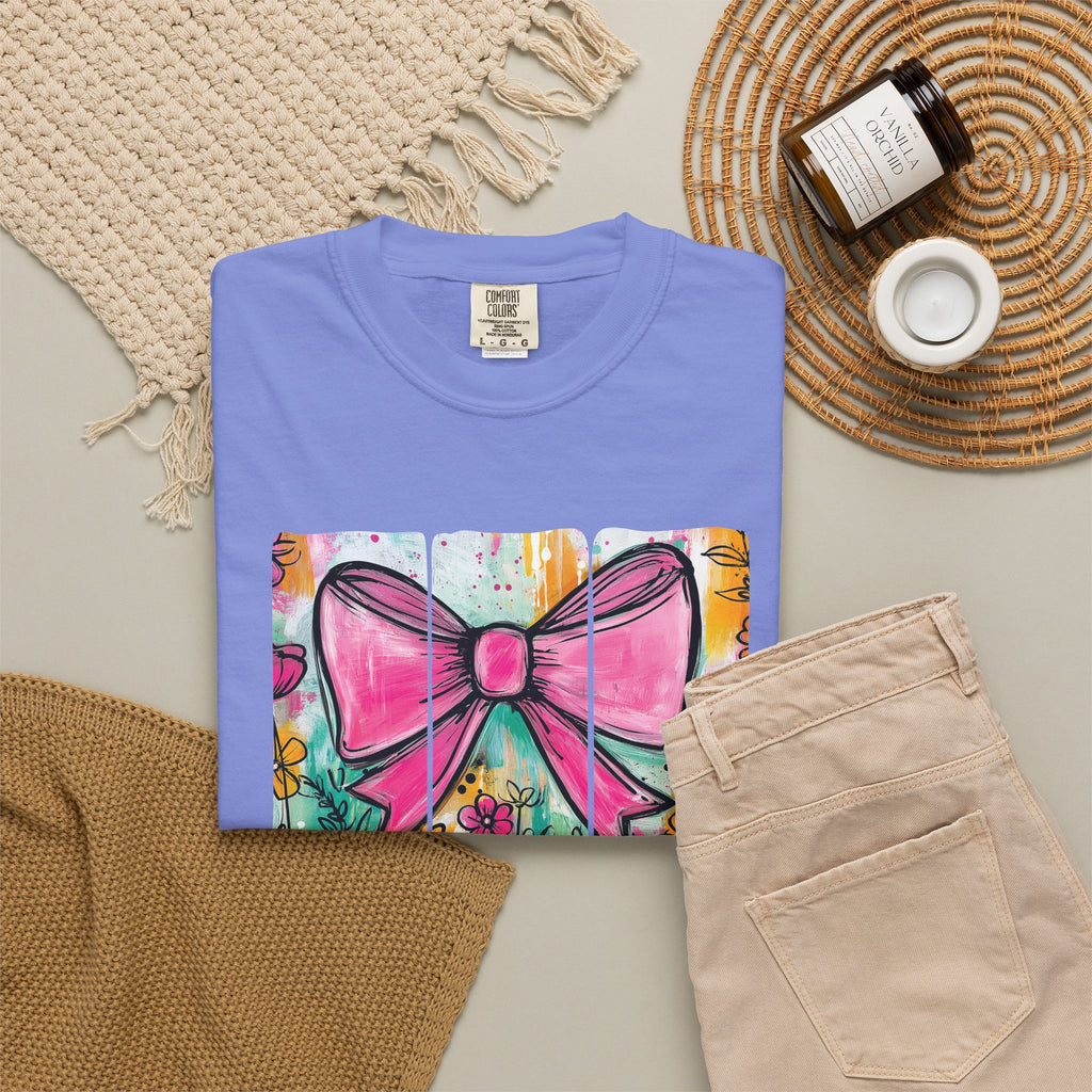 Pink Bow Floral Illustration Tee Shirt | She is Worthy Proverbs 31 Christian Tee