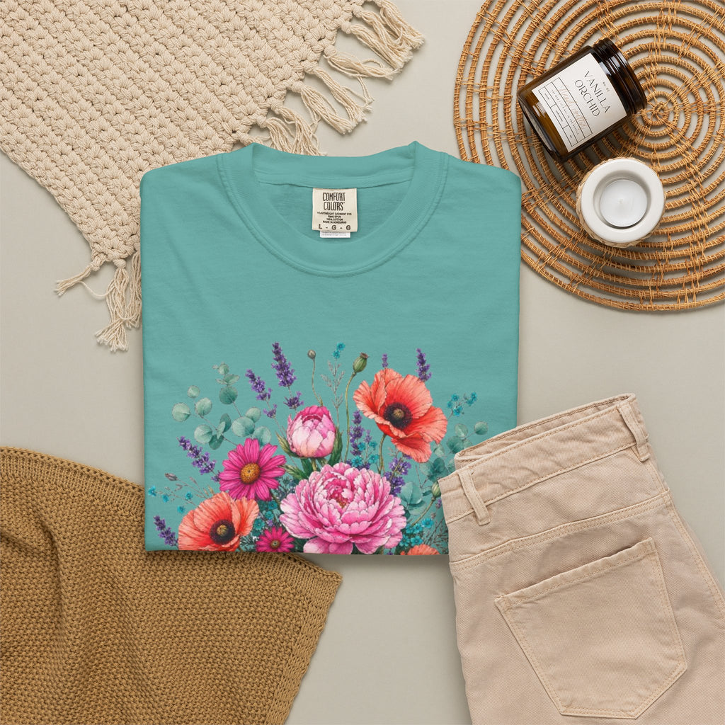 Floral Bouquet T Shirt  Pink Peony and Poppy Garden Tee