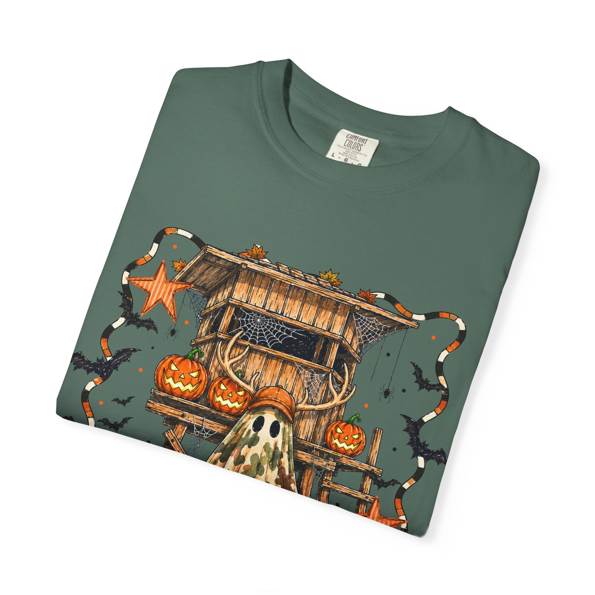 Halloween Ghost Treehouse T-Shirt Front and Back 31 October Camo Pumpkin Tee